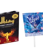Diblong SET: Energy Chocolate For Men - supliment alimentar pentru bărbați pe bază de ciocolată cu plante care susțin sănătatea sexuală și funcția erectilă 24g + Boinky Lollipop Blue – Acadea afrodisiaca aromă de afine Ashwagandha și Maca 1 buc - De