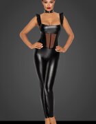 Noir Handmade Catusit Crotchless Overall Powerwetlook cu Insertii Tulle si Volanse M