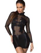 Noir Handmade Rochie Mini Wetlook cu Tul si Broderie Aplicata S