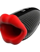 Passion Labs Masturbator Red Lips Display LCD 9 Moduri Vibratii 9 Moduri Tapare Silicon USB Negru/Rosu 18 cm