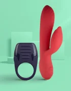 Rocks Off Set Love Me Vibrator si Inel 10 Moduri Vibratii Silicon USB Rosu/Negru