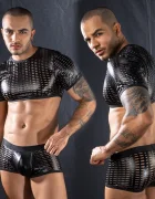 STD Set Lenjerie 2 Piese Wetlook Model Perforat Negru S/M