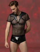 STD Set Lenjerie Barbati Boxeri si Top Plasa si Material Wetlook Negru S/M