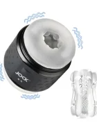 XR Brands Masturbator Dublu Jock 10 Functii Vibratii TPE USB Transparent 12 cm