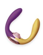 ACTION Stimulator 3 în 1 Two Lovers design ergonomic 10 funcții de vibrație 7 moduri de mișcare 7 moduri de stimulare cu aer galben și mov 11.7 cm