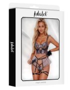 ADALET Lenjerie sexy 4 piese Caroline cu sutien tip corset chilot tanga portjartier și jartiere negru cu mov mărime S/M