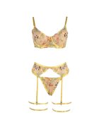 ADALET Lenjerie sexy 4 piese Zoey Sutien + Chilot tanga + Portjartier + Jartiere galben cu dantelă florală mărime L/XL
