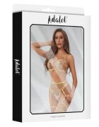 ADALET Lenjerie sexy 4 piese Zoey Sutien + Chilot tanga + Portjartier + Jartiere galben cu dantelă florală mărime L/XL