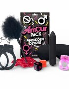AMOUR PACK Set erotic Forbidden Desire cu stimulator inel pentru penis vibrator mască cătușe zaruri pană pentru stimulare și petale pentru cupluri