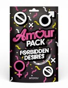 AMOUR PACK Set erotic Forbidden Desire cu stimulator inel pentru penis vibrator mască cătușe zaruri pană pentru stimulare și petale pentru cupluri