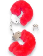 B-SERIES Cătușe pufoase Furry Cuffs pentru jocuri erotice BDSM din metal cu blană artificială culoare roșu cu argintiu