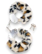 B-SERIES Cătușe pufoase Furry Cuffs pentru jocuri erotice BDSM din metal cu blană artificială design leopard cu argintiu