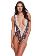 Baci Lingerie Lenjerie erotică teddy Grey Floral & Lace body sexy din plasă cu dantelă design gri cu flori marime S/M