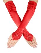 Chilirose Mănuși erotice Gloves Red din satin decorate cu volane broderie perle și cristale strălucitoare culoare roșu (CR 4677)