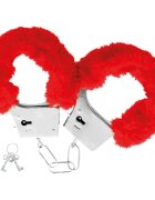 DARKNESS Cătușe erotice - RED FURRY cu puf rosu pentru purtare confortabilă