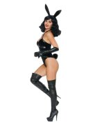 DREAMGIRL Lenjerie sexy 3 piese Bad Girl Bunny cu urechi de iepuraș și body cu ham din piele artificială culoarea negru mărimea L