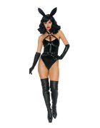 DREAMGIRL Lenjerie sexy 3 piese Bad Girl Bunny cu urechi de iepuraș și body cu ham din piele artificială culoarea negru mărimea S