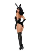 DREAMGIRL Lenjerie sexy 3 piese Bad Girl Bunny cu urechi de iepuraș și body cu ham din piele artificială culoarea negru mărimea S