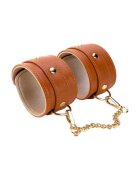 DREAM toys Cătușe Blaze Elite Handcuffs pentru jocuri erotice din piele ecologică cu lanț auriu culoare maro coniac
