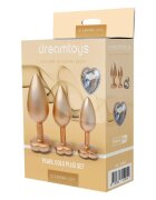 DREAM toys Set plug anal Pearl Gold Plug 3 dopuri de dimensiuni progresive 7.1 cm - 9.5 cm cu baze în formă de inimă auriu
