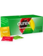 DUREX Prezervative Saboreame din latex set cu 4 tipuri de aromă: banană măr portocală și căpșuni diametru 53 mm 144 buc