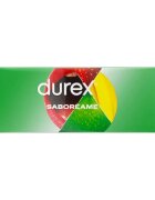 DUREX Prezervative Saboreame din latex set cu 4 tipuri de aromă: banană măr portocală și căpșuni diametru 53 mm 144 buc
