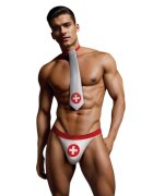 ENVY Costum sexy asistent MENSWEAR Nurse Kit cravată și chilot tanga cu design medical mărime M/L culoare alb și roșu