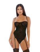 Forplay Lenjerie sexy Feline Sexy Teddy body erotic din plasă cu portjartier design cu animal print leopard mărime S