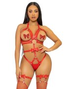 KINK Ham feminin Studded O-Ring Harness Teddy din piele ecologică cu chilot detașabil culoare roșu mărime S