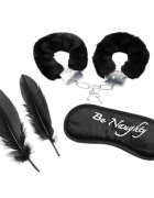LATE TO BED Set 3 accesorii bondage BDSM Line catușe pufoase mască din satin "Be Naughty" pene pentru stimulare senzorială negru