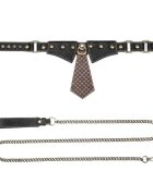 LoveToy Choker Rebellion Knot Tie Collar lesă BDSM din piele artificială cu cravată și lanț auriu mărime ajustabilă negru cu maro