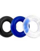 LoveToy Set 3 inele pentru penis Power Plus Triple Donut Ring Set din TPE diametru 1.8 cm culori albastru alb și negru
