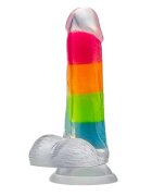 NEO Dildo Elite Glow In The Dark Rainbow Rave din silicon lichid bază cu ventuză lungime 16.5 cm multicolor fosforescent