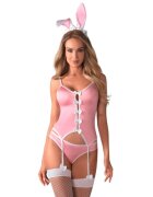 Obsessive Costum sexy iepuraș Bunny Costume corset cu jartiere + chilot cu coadă de iepuraș + bentiță cu urechi + ciorapi roz cu alb mărime S/M