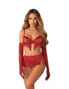 Obsessive Lenjerie sexy 4 piese Rossay Red sutien cu ciucuri fără cupe tanga crotchless mănuși cu ciucuri și curea decorativă culoare roșu mărime S/M