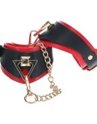 Ouch! Cătușe Handcuffs - Milan Collection pentru jocuri erotice BDSM cu lanț auriu din piele îmbinată culoare negru cu roșu