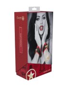 Ouch! Cătușe Handcuffs - Milan Collection pentru jocuri erotice BDSM cu lanț auriu din piele îmbinată culoare negru cu roșu