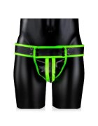 Ouch! Chilot sexy bărbați Striped Jockstrap Glow In The Dark cu benzi subțiri pe fese negru cu verde fosforescent L/XL
