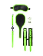 Ouch! Set Bondage Kit Glow In The Dark pentru jocuri BDSM cu cătușe căluș mască paletă și zaruri negru cu verde fosforescent