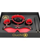 Ouch! Set bondage Sample Box - Milan Collection pentru jocuri erotice BDSM cu mască cătușe căluș și zgardă culoare roșu cu negru