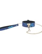 Ouch! Set Collar with Leash - Florence Collection pentru jocuri erotice BDSM design de piele de șarpe cu lanț auriu culoare albastru