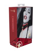 Ouch! Set Collar with Leash - Milan Collection pentru jocuri erotice BDSM cu lanț auriu din piele îmbinată culoare negru cu roșu