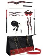 Ouch! Set Kit with Bag - Milan Collection 9 produse pentru jocuri BDSM cu cătușe mască lesă căluș bici și geantă negru cu roșu