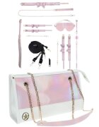 Ouch! Set Kit with Bag - Paris Collection 9 produse pentru jocuri BDSM cu cătușe mască lesă căluș bici și geantă roz cu alb