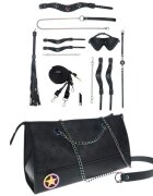 Ouch! Set Kit with Bag - Venice Collection 9 produse pentru jocuri BDSM cu cătușe mască lesă căluș bici și geantă negru