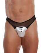 SoftLine Chilot sexy bărbați Thong 4467 cu design tuxedo cu papion din plasă și satin negru cu alb mărime M/L