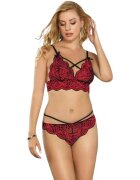 Subblime Lenjerie set 2 piese rosu si negru model cu bustiera din dantela si chilot tanga marime S/M