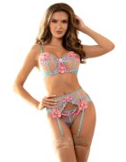 Subblime Lenjerie sexy 3 piese Sutien + Chilot + Portjartier model cu plasă și design floral culoare albastru cu roz mărime L/XL model 954116