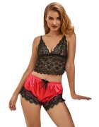 Subblime Pijamale sexy Casual Silk Nightgown maiou din dantelă + pantaloni scurți din satin negru cu roșu mărime S/M model 953959