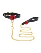 Taboom Set Collar & Leash Wild Roses pentru jocuri erotice BDSM cu trandafiri decorativi din piele naturală culoare negru cu roșu